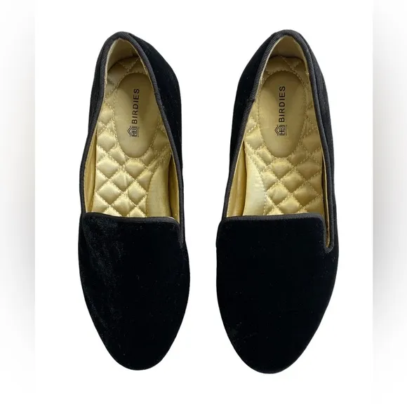 Birdies Starling Velvet Flats Womens 6 Black Quilted Insole Slip On Comfort