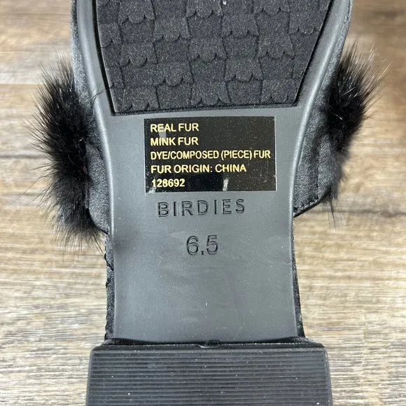 Birdies The Dove Fur Cuff Slip On Slide Slipper Onyx Black Mules Flats