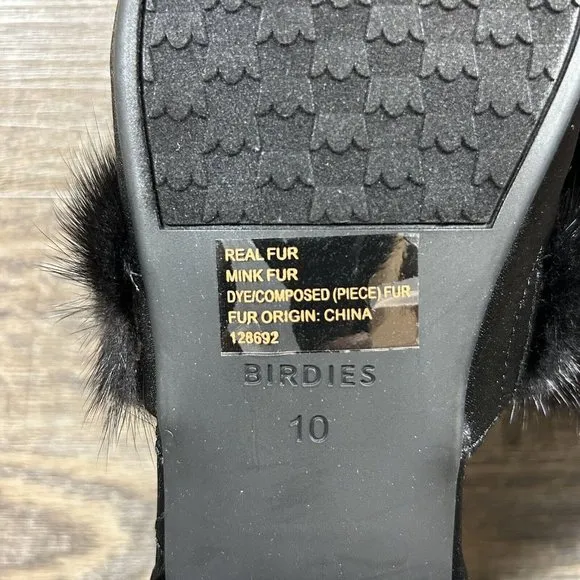 Birdies The Dove Fur Cuff Slip On Slide Slipper Onyx Black Mules Flats