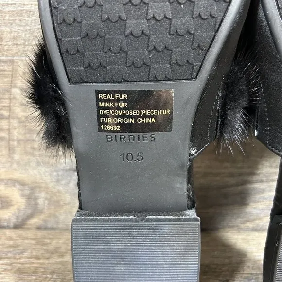 Birdies The Dove Fur Cuff Slip On Slide Slipper Onyx Black Mules Flats