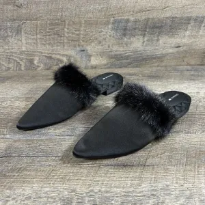 Birdies The Dove Fur Cuff Slip On Slide Slipper Onyx Black Mules Flats
