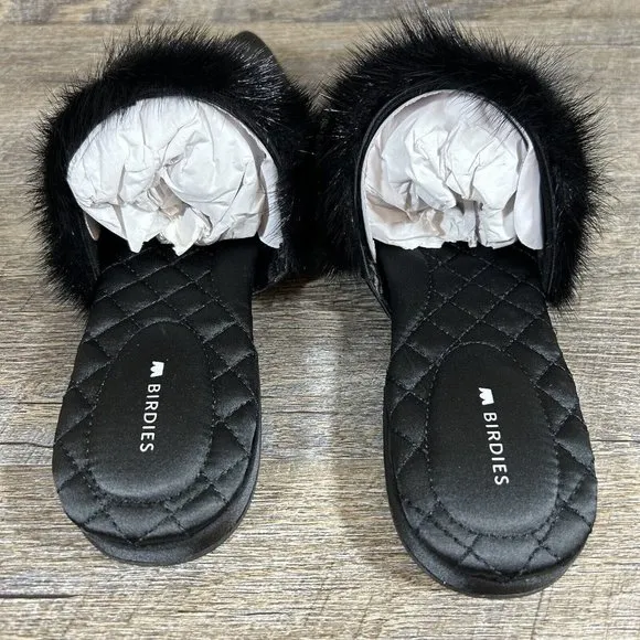 Birdies The Dove Fur Cuff Slip On Slide Slipper Onyx Black Mules Flats