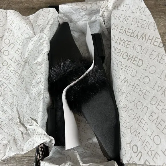 Birdies The Dove Fur Cuff Slip On Slide Slipper Onyx Black Mules Flats