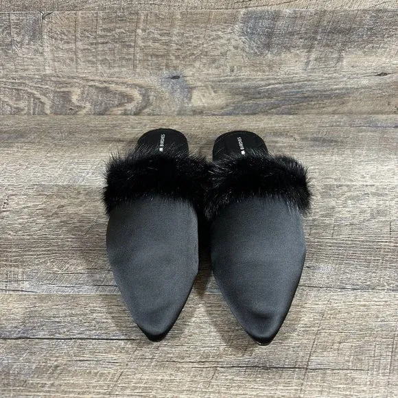 Birdies The Dove Fur Cuff Slip On Slide Slipper Onyx Black Mules Flats