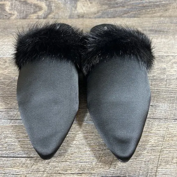 Birdies The Dove Fur Cuff Slip On Slide Slipper Onyx Black Mules Flats