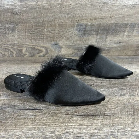 Birdies The Dove Fur Cuff Slip On Slide Slipper Onyx Black Mules Flats