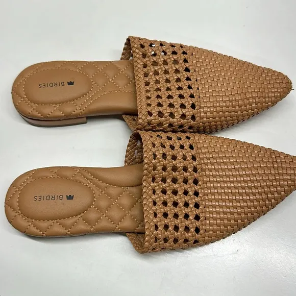 Birdies The Dove Vegan Leather Woven Point Toe Mules Flats Shoes Tan Brown 8