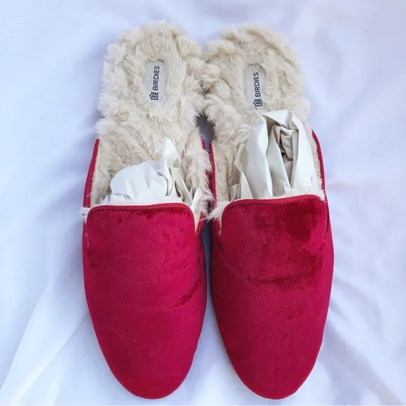 BIRDIES | THE PHOEBE BURGUNDY FAUX FUR VEGAN MULE FLATS SIZE 8.5