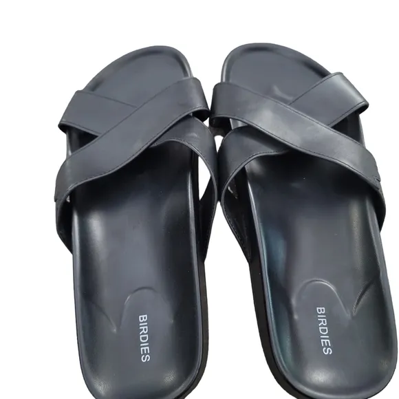 BIRDIES The Robin Slide Sandals in Black Faux Leather