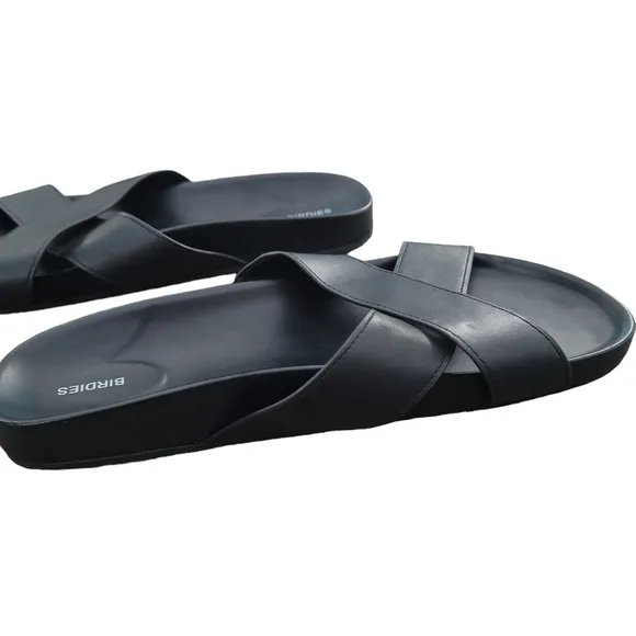 BIRDIES The Robin Slide Sandals in Black Faux Leather