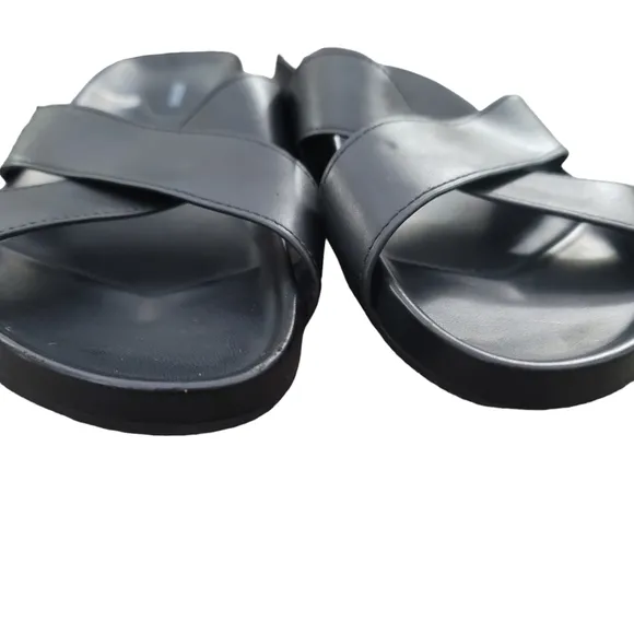 BIRDIES The Robin Slide Sandals in Black Faux Leather