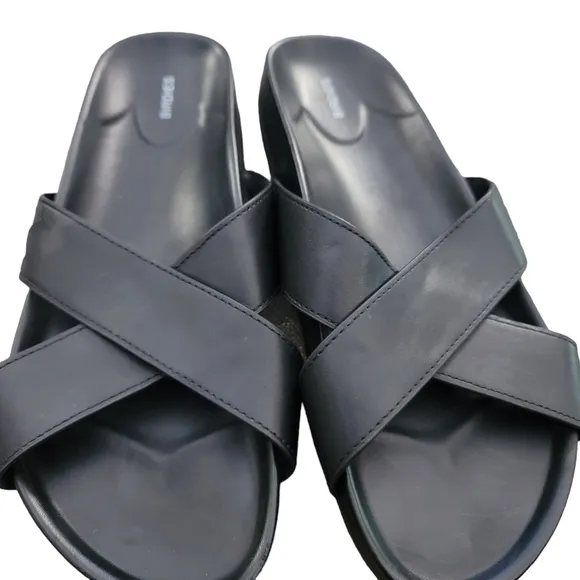 BIRDIES The Robin Slide Sandals in Black Faux Leather