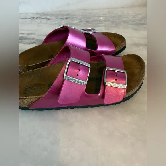 Birkenstock Arizona Metallic Pink Double Strap Sandals • 38