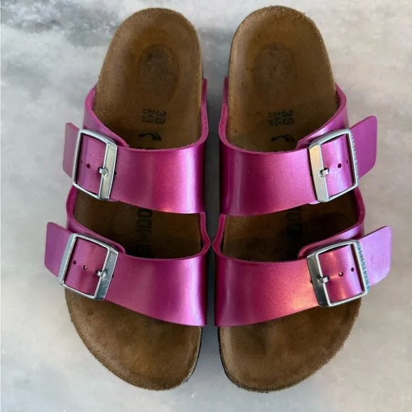 Birkenstock Arizona Metallic Pink Double Strap Sandals • 38