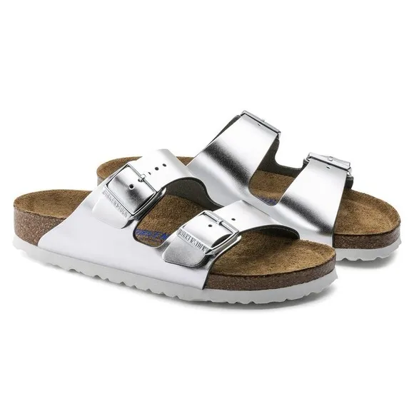 Birkenstock Arizona Soft Footbed Leather Metallic Silver Sandals