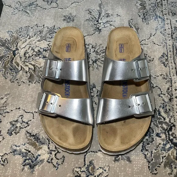 Birkenstock Arizona Soft Footbed Leather Metallic Silver Sandals