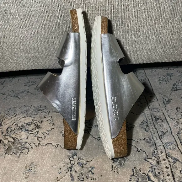 Birkenstock Arizona Soft Footbed Leather Metallic Silver Sandals