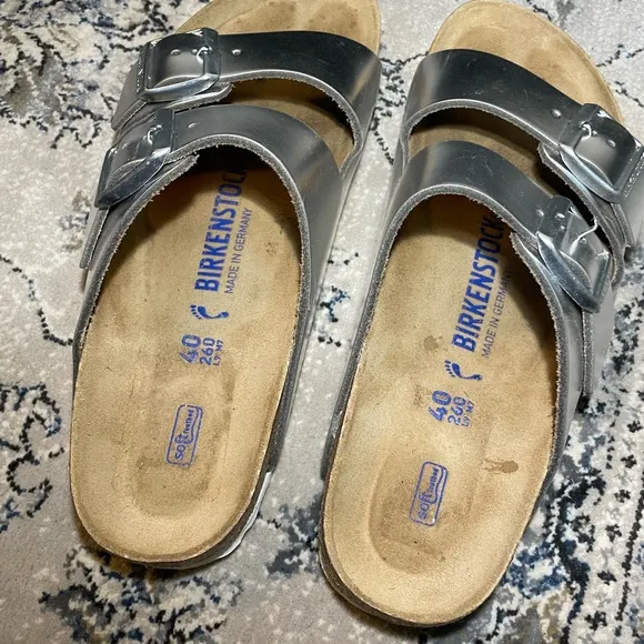 Birkenstock Arizona Soft Footbed Leather Metallic Silver Sandals