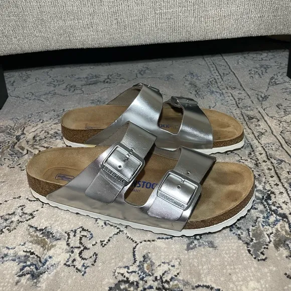 Birkenstock Arizona Soft Footbed Leather Metallic Silver Sandals