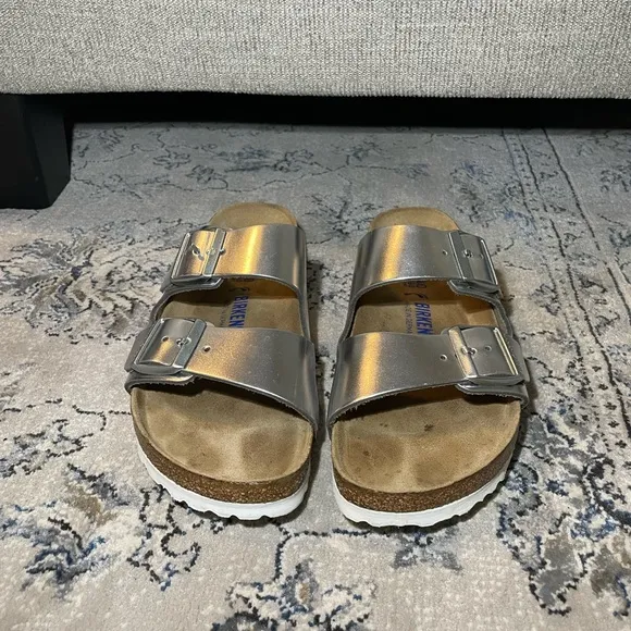 Birkenstock Arizona Soft Footbed Leather Metallic Silver Sandals