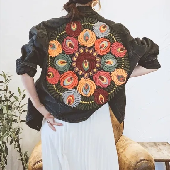 Black bohemian stitched embroidered denim jacket coat