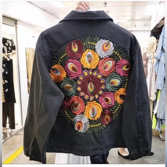 Black bohemian stitched embroidered denim jacket coat