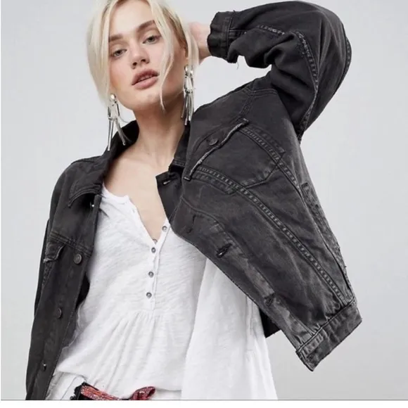Black bohemian stitched embroidered denim jacket coat