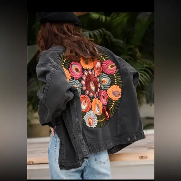 Black bohemian stitched embroidered denim jacket coat