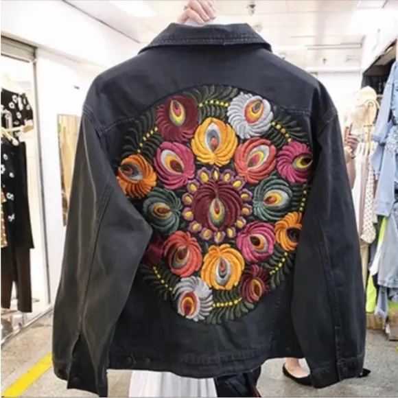 Black bohemian stitched embroidered denim jacket coat