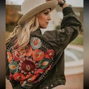 Black bohemian stitched embroidered denim jacket coat