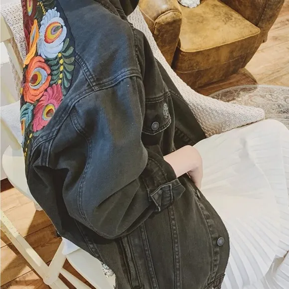 Black bohemian stitched embroidered denim jacket coat