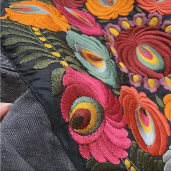 Black bohemian stitched embroidered denim jacket coat