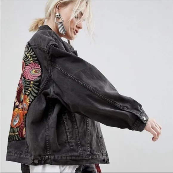 Black bohemian stitched embroidered denim jacket coat