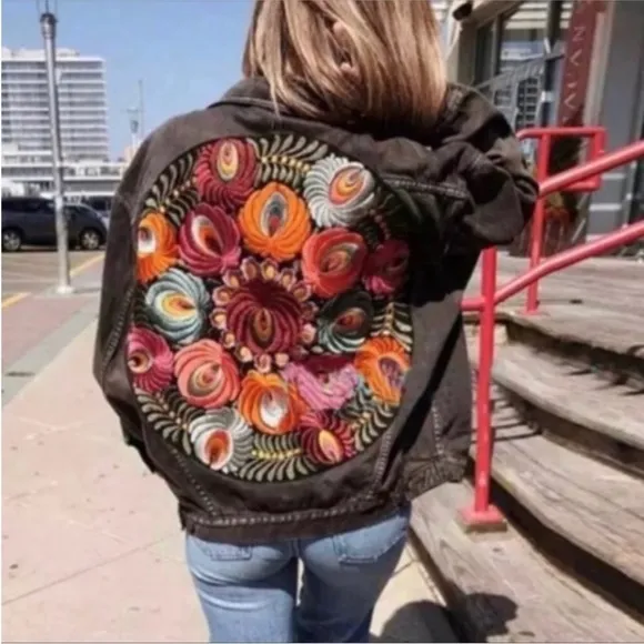 Black bohemian stitched embroidered denim jacket coat