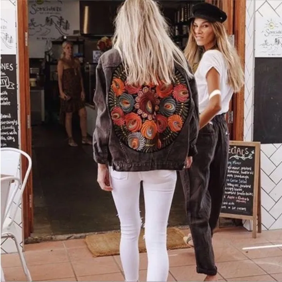 Black bohemian stitched embroidered denim jacket coat