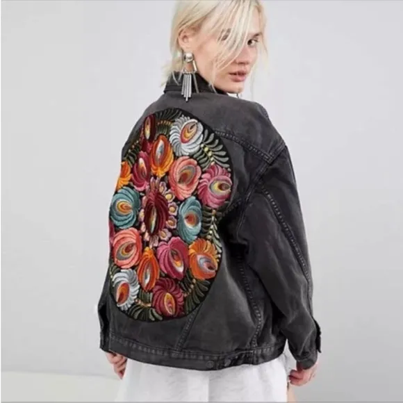 Black bohemian stitched embroidered denim jacket coat