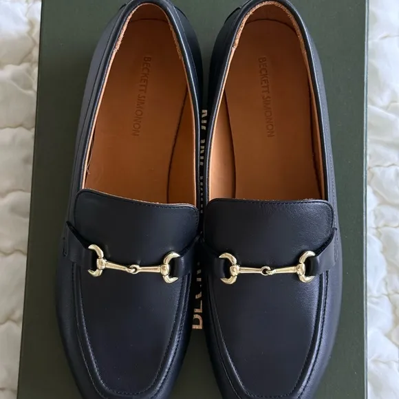 Black Leather Loafers with Gold Accent
