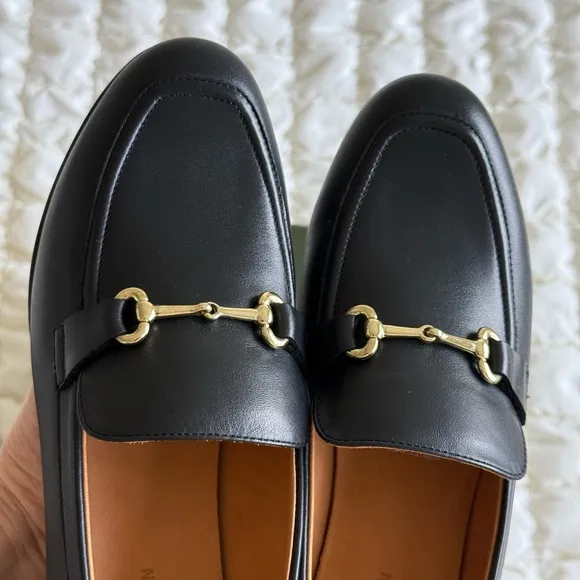 Black Leather Loafers with Gold Accent