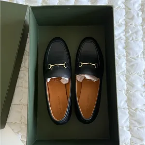 Black Leather Loafers with Gold Accent