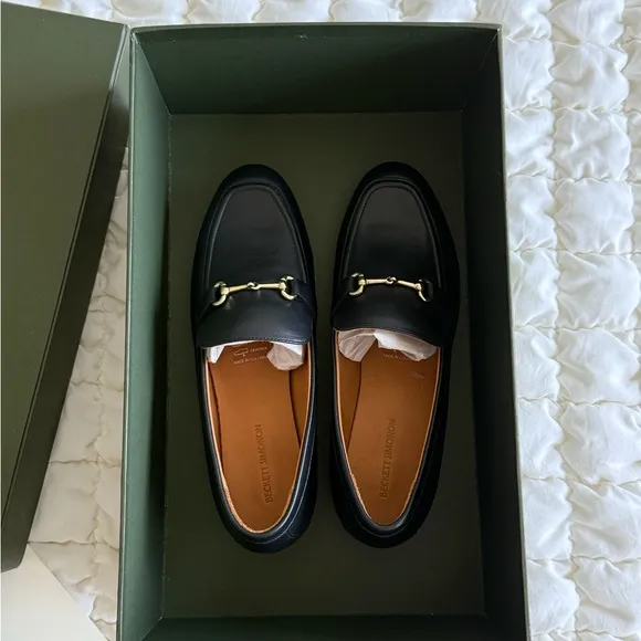 Black Leather Loafers with Gold Accent