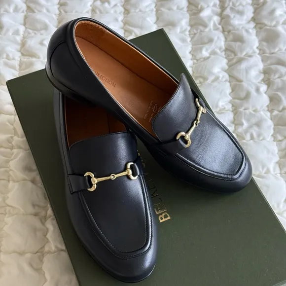 Black Leather Loafers with Gold Accent