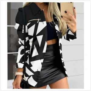 Black Printed Shacket with Button Closure and Zipper Details