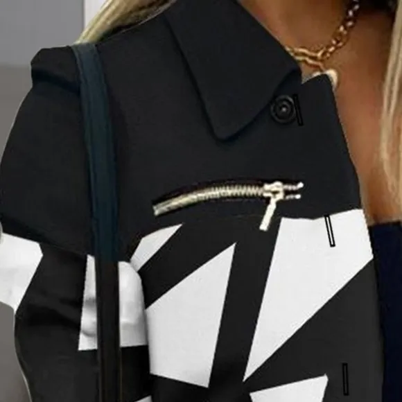 Black Printed Shacket with Button Closure and Zipper Details