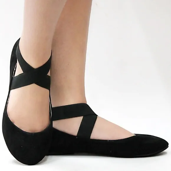 Black Vegan Suede Ballet Wrap Ankle Slip on Flats