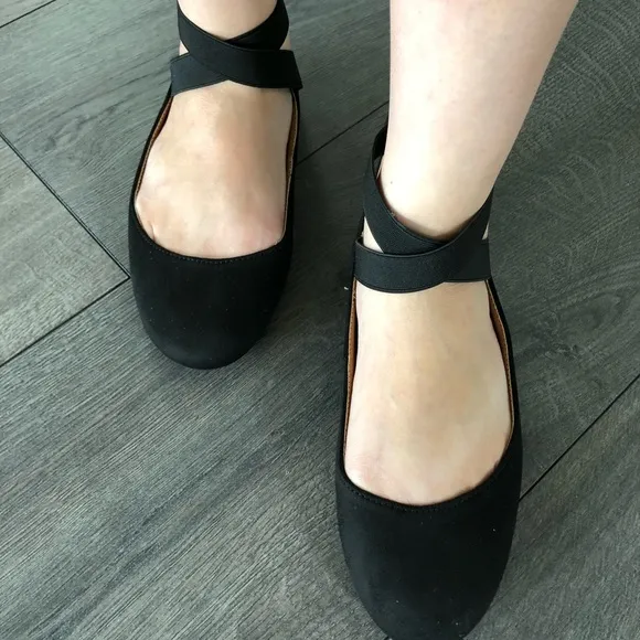 Black Vegan Suede Ballet Wrap Ankle Slip on Flats