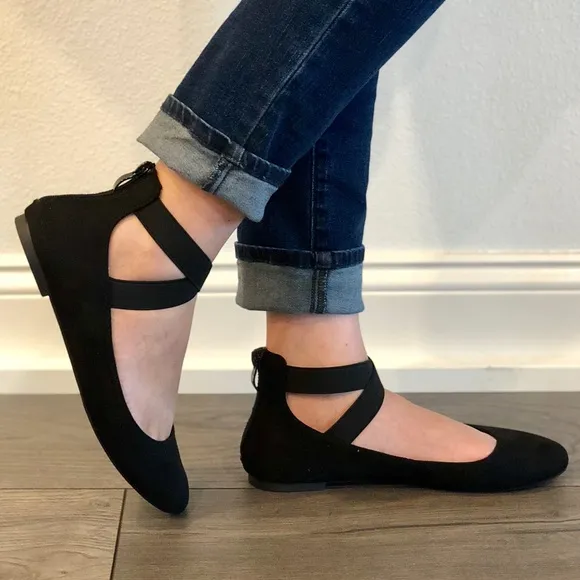 Black Vegan Suede Ballet Wrap Ankle Slip on Flats