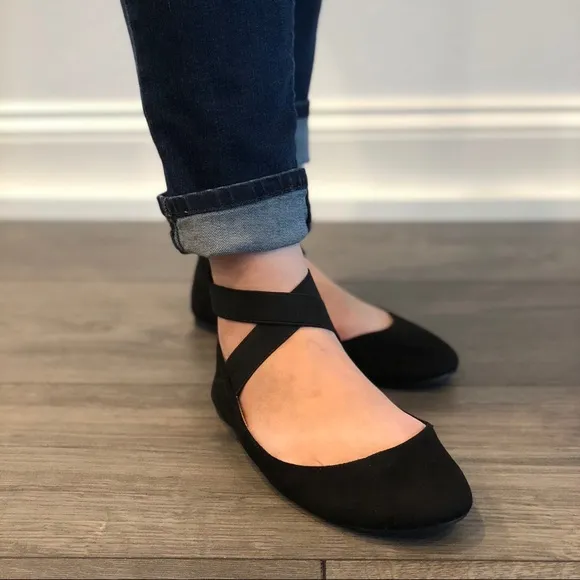 Black Vegan Suede Ballet Wrap Ankle Slip on Flats
