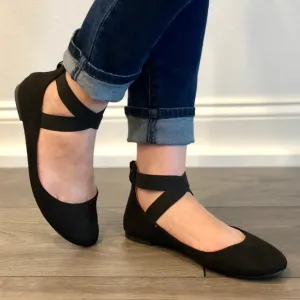 Black Vegan Suede Ballet Wrap Ankle Slip on Flats