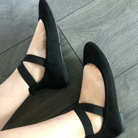 Black Vegan Suede Ballet Wrap Ankle Slip on Flats