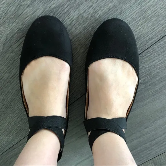 Black Vegan Suede Ballet Wrap Ankle Slip on Flats